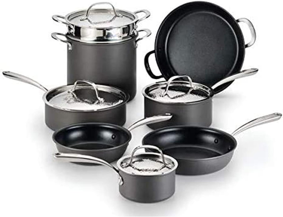 Lagostina Batterie de Cuisine Nera antiadhésive anodisée dure de 12 pièces avec couvercles en acier inoxydable martelé